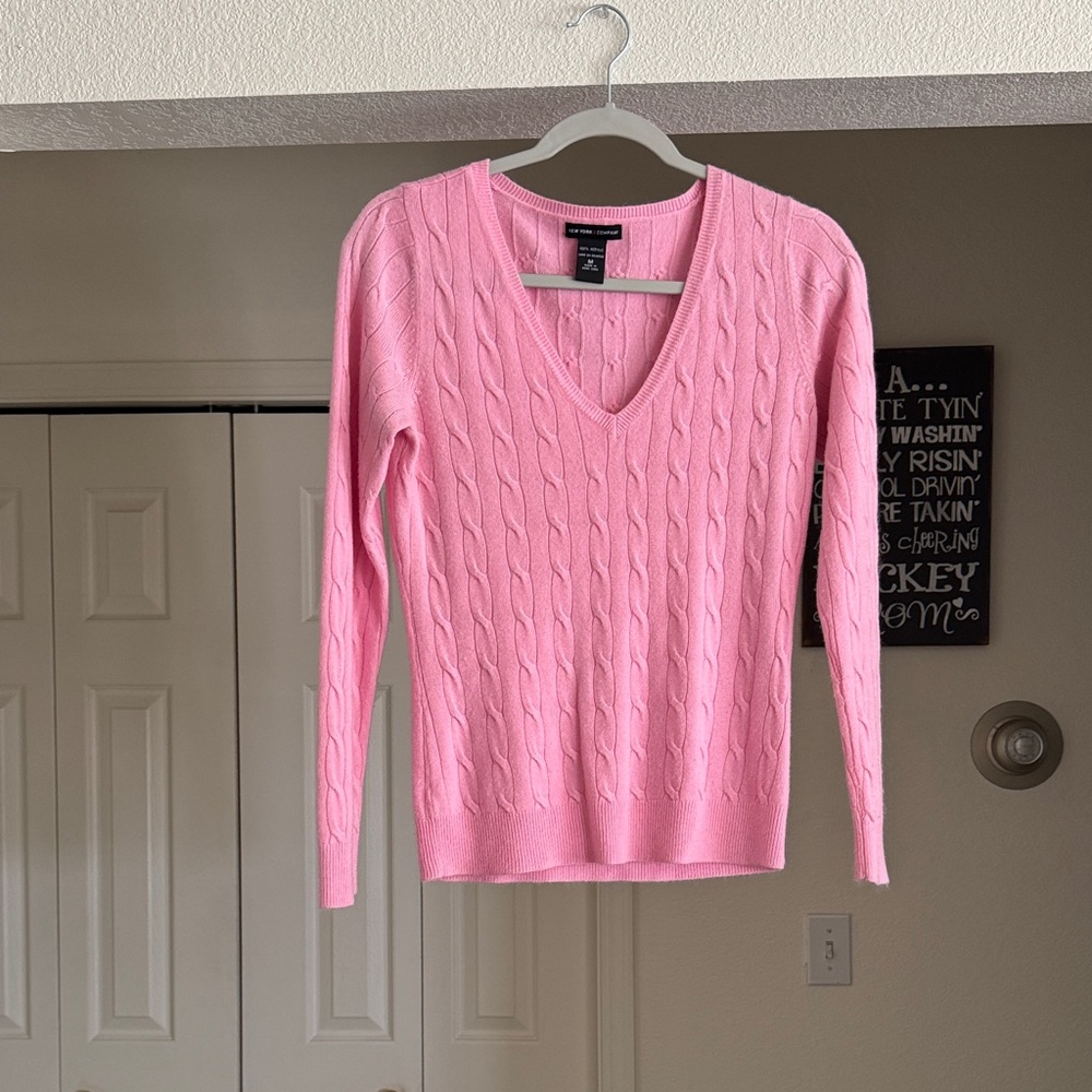 New York & Company Pink Cable Knit V-Neck Sweater